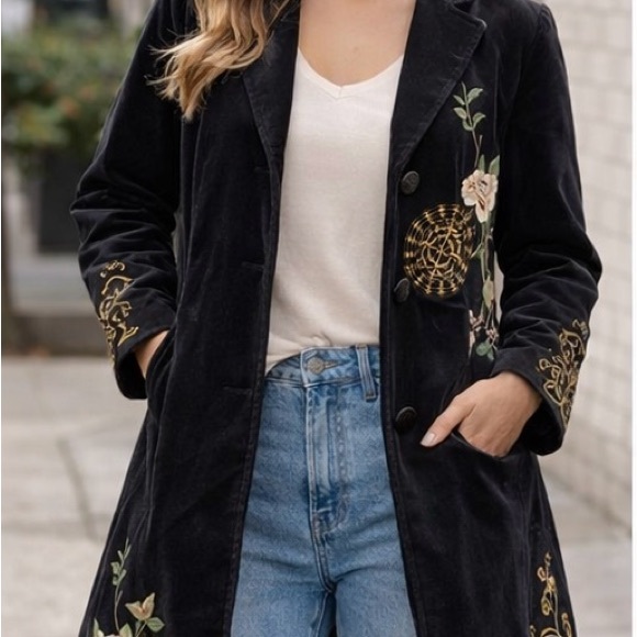 CAbi Black Velvet Embroidered Floral Coat Boho Statement Jacket Size 2 - Picture 2 of 16